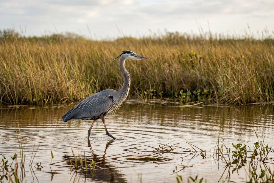 A great blue heron wading in the Everglades